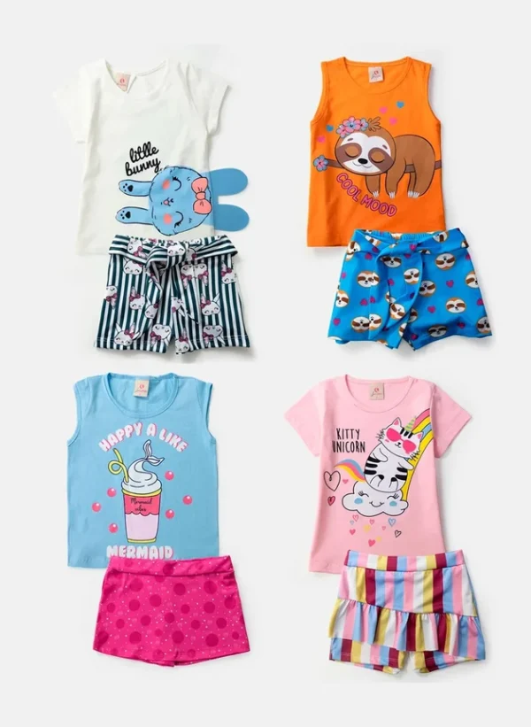 Kit Sortido 10 peças de Roupa Infantil Menina - 5 camisetas + 5 bermudas - kit 5 Conjuntos Menina - Imagem 4