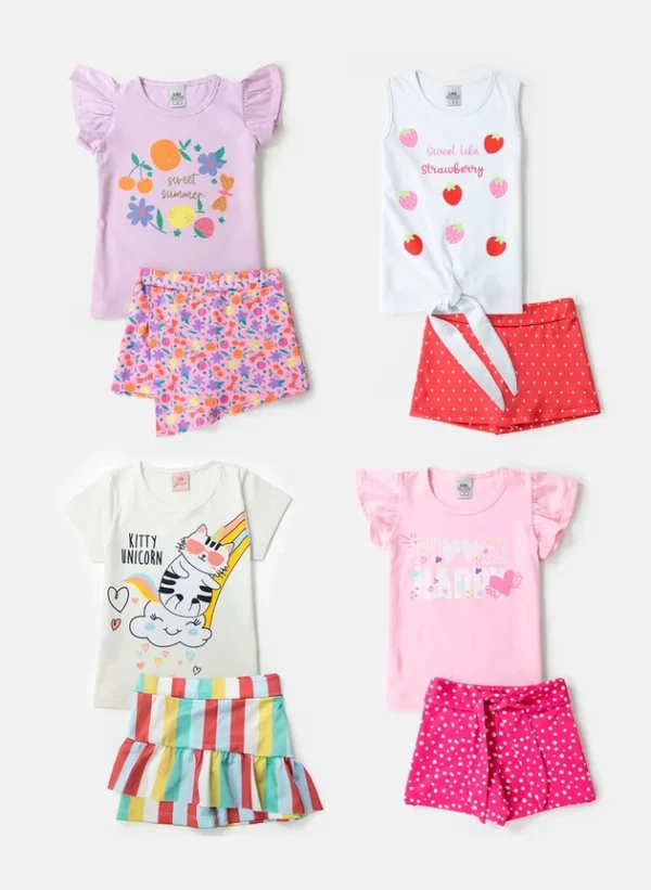Kit Sortido 10 peças de Roupa Infantil Menina - 5 camisetas + 5 bermudas - kit 5 Conjuntos Menina - Imagem 2