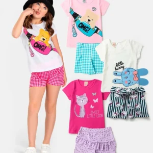 Kit Sortido 10 peças de Roupa Infantil Menina - 5 camisetas + 5 bermudas - kit 5 Conjuntos Menina