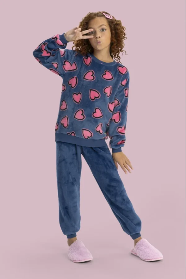 Pijama Infantil em Fleece Feminino - Corações Marinho - Imagem 2