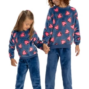 Pijama Infantil em Fleece Feminino - Corações Marinho