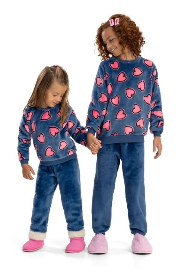Pijama Infantil em Fleece Feminino - Corações Marinho
